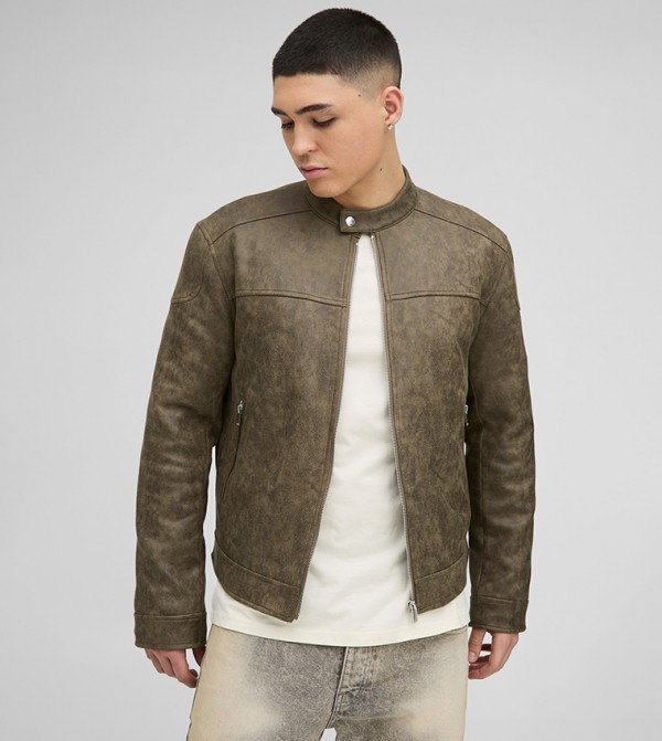 Regular Fit Washed Faux Suede Biker Jacket