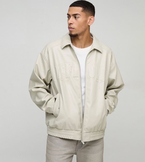 Official Oversized PU Embossed Collard Bomber Jacket