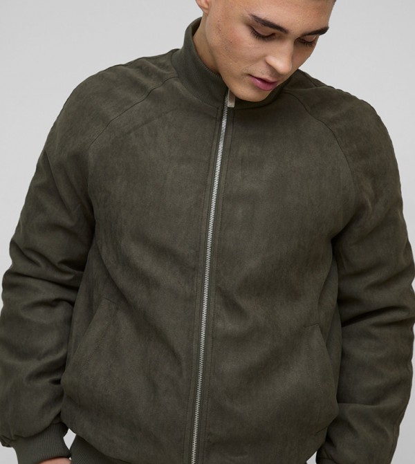 Regular Fit High Neck Faux Suede Bomber Jacket