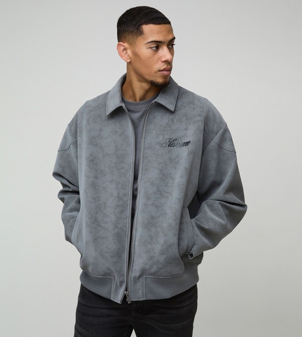 Homme Oversized Washed PU Collared Bomber Jacket