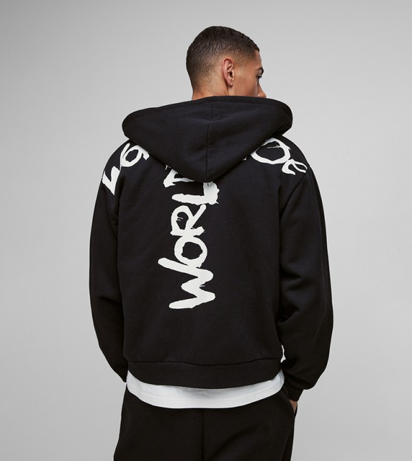 Boxy Graffiti Printed Zip Through Oversized Hooded Jacket