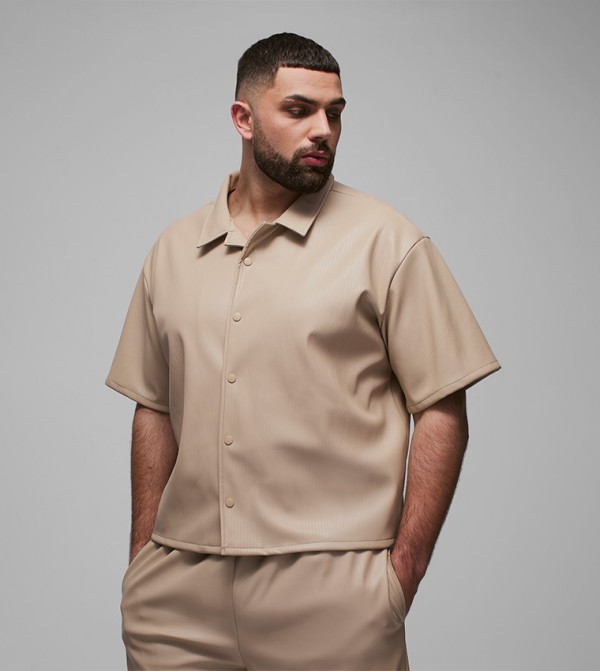 Solid PU Short Sleeves Oversized Shirt