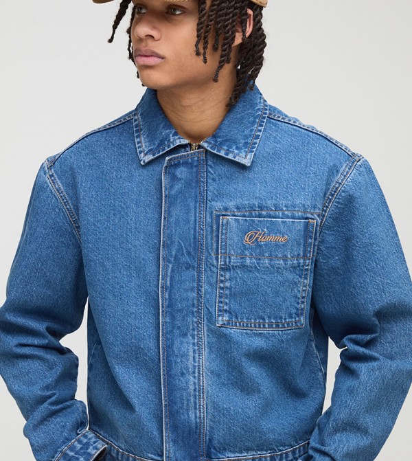 Relaxed Fit Concealed Placket Embroidered Denim Jacket