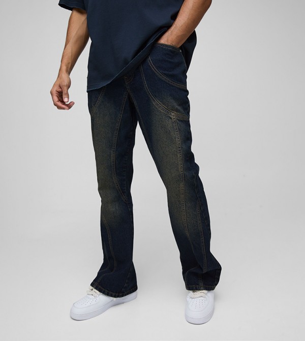 Rigid Flare Washed Paneled Relaxed Fit Jeans