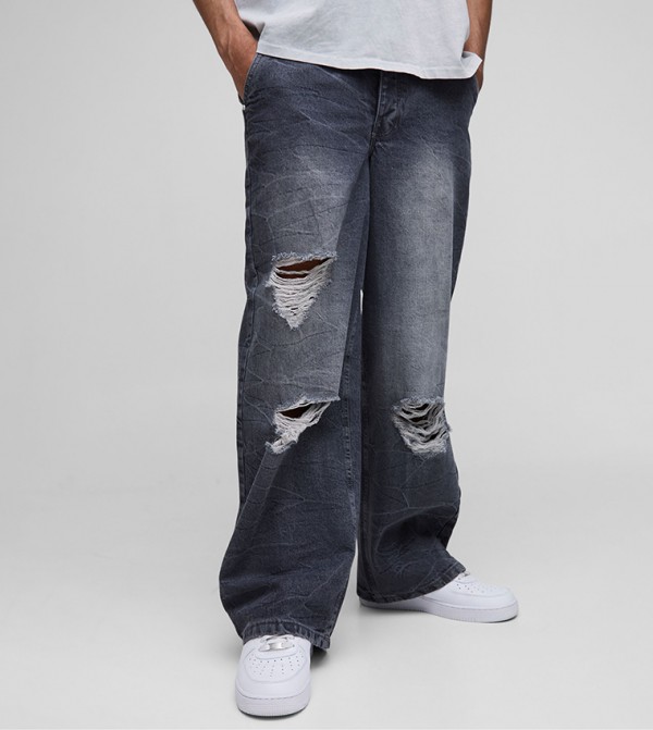 Rigid Ripped Crinkle Washed Baggy Jeans