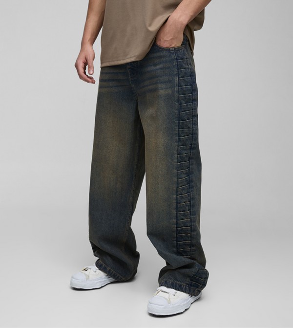 Rigid Pleated Panel Wide Leg Jeans