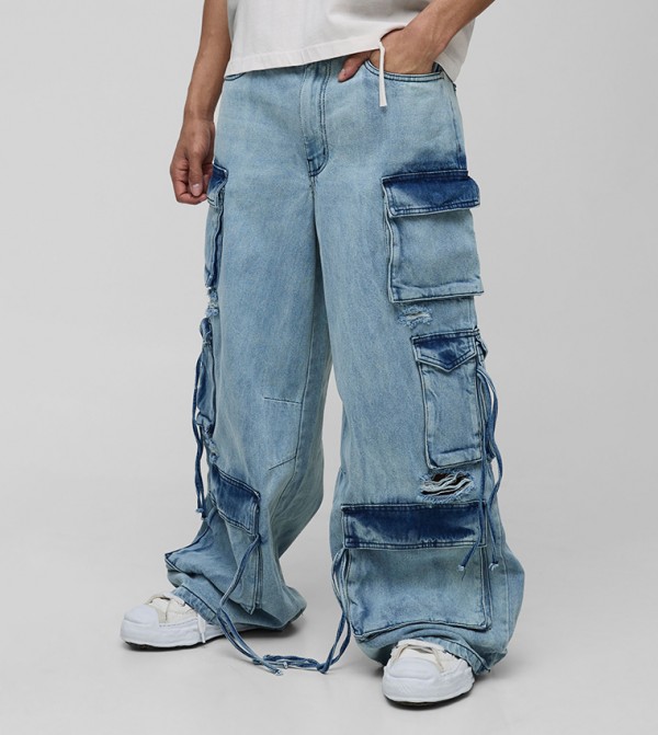 Super Baggy Rigid Ripped Multi Cargo Strap Jeans