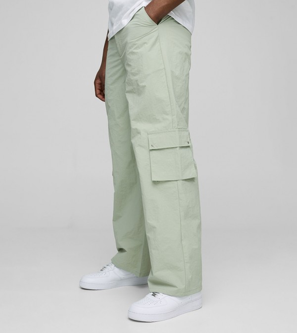 Fixed Waist Baggy Fit Crinkle Nylon Cargo Pants