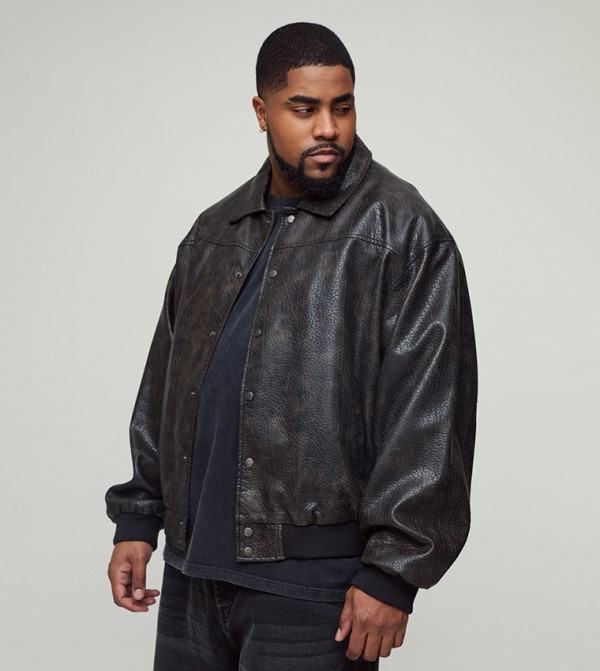 Plus & Tall Embossed PU Bomber Harrington Jacket