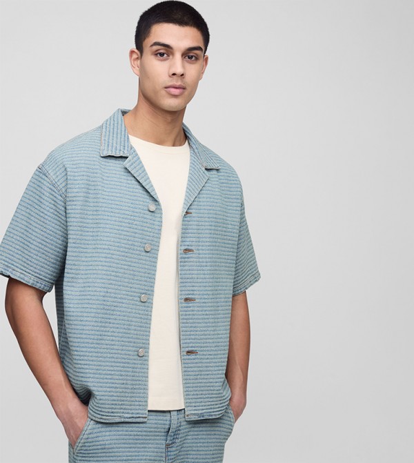 Tall Textured Short Sleeves Oversized Denim Shirt