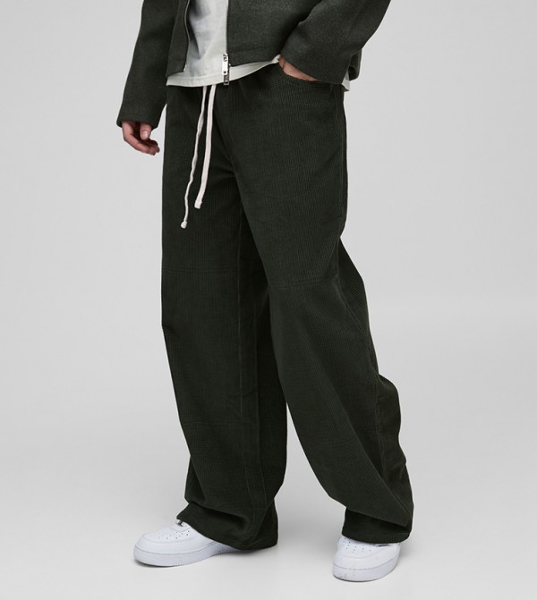 Drawstring Waist Relaxed Fit Waffle Trousers