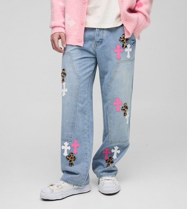 Multi Cross Appliqued Relaxed Fit Jeans