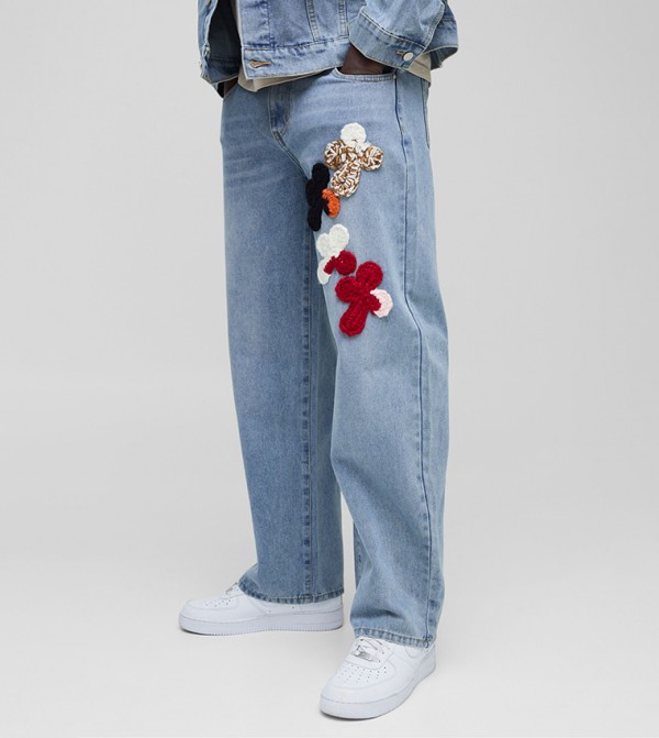 Cross Crochet Appliqued Relaxed Fit Jeans