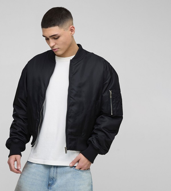 Curved Hem Nylon Oversized Bomber Jacket