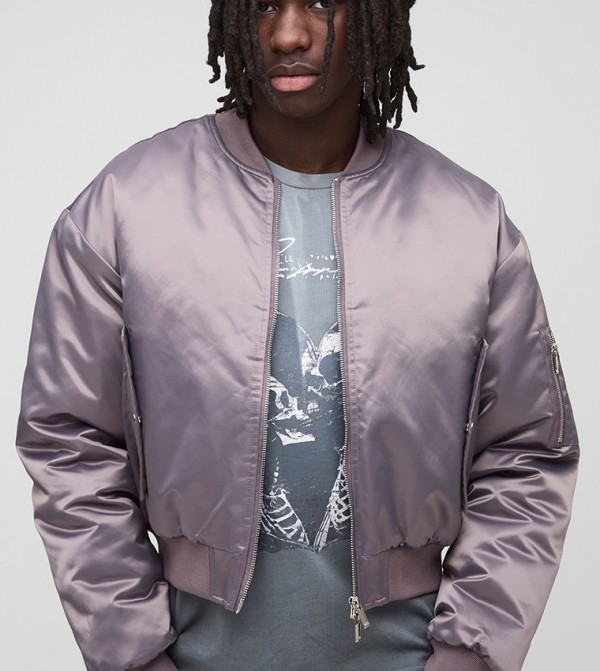Boxy Fit Nylon Cropped Bomber Jacket