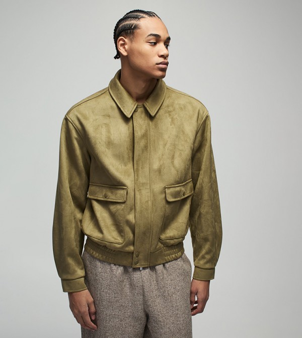 Boxy Faux Suede Utility Pocket Harrington Jacket