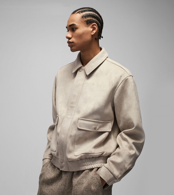Boxy Faux Suede Utility Pocket Harrington Jacket