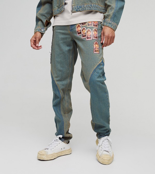 Stacked Gothic Appliqued Slim Fit Jeans