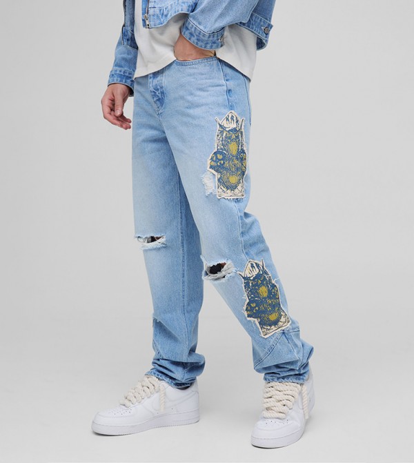 Stacked All Over Ripped Contrast Stitch Slim Fit Jeans