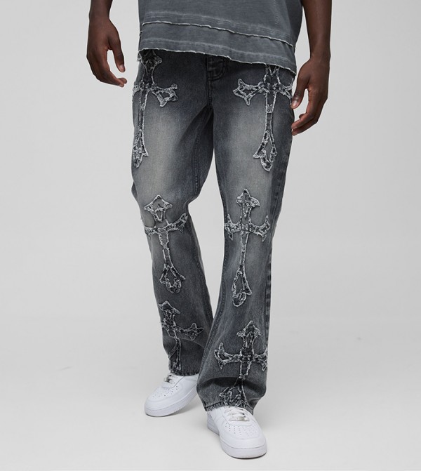 Flared Acid Wash Cross Appliqued Gusset Slim Fit Jeans