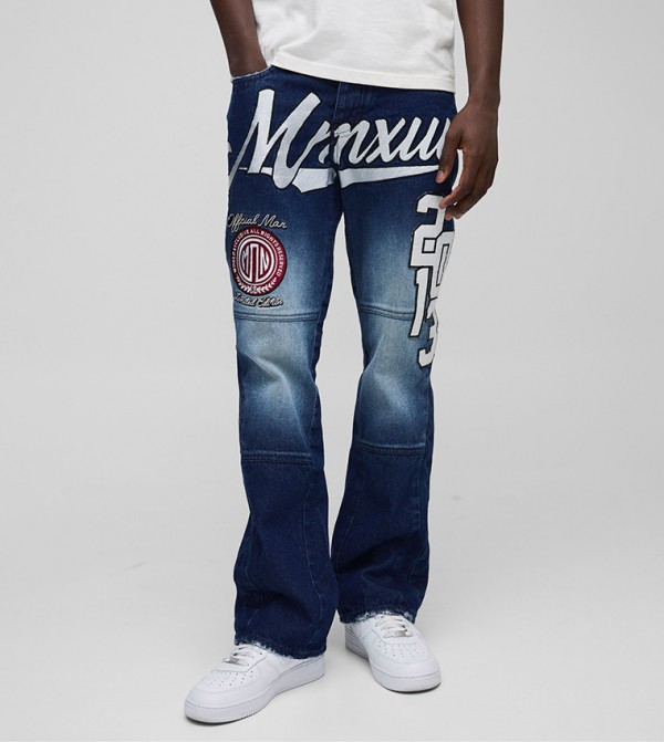 Flared Appliqued Badge Washed Gusset Slim Fit Jeans