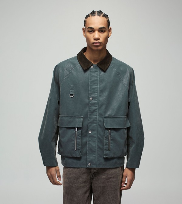 Peached PU Contrast Collar Oversized Worker Jacket