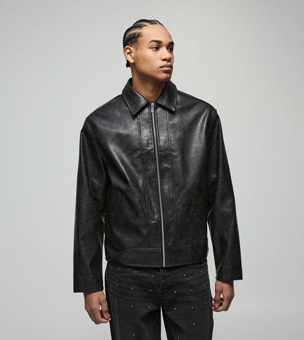 Cuff Detail PU Oversized Harrington Jacket
