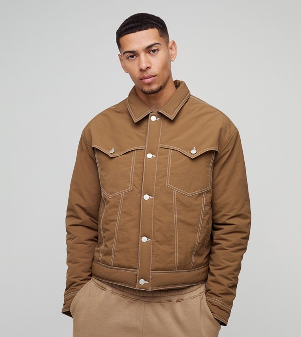 Boxy Nylon Contrast Stitch Western Trucker Jacket