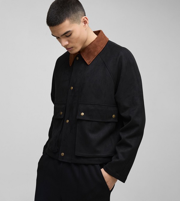 Faux Suede Contrast Collar Oversized Harrington Jacket
