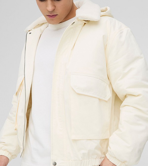 Borg Collar Twill Oversized Hooded Bomber Jacket