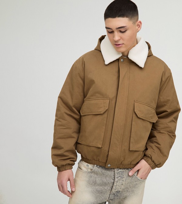 Borg Collar Twill Oversized Hooded Bomber Jacket