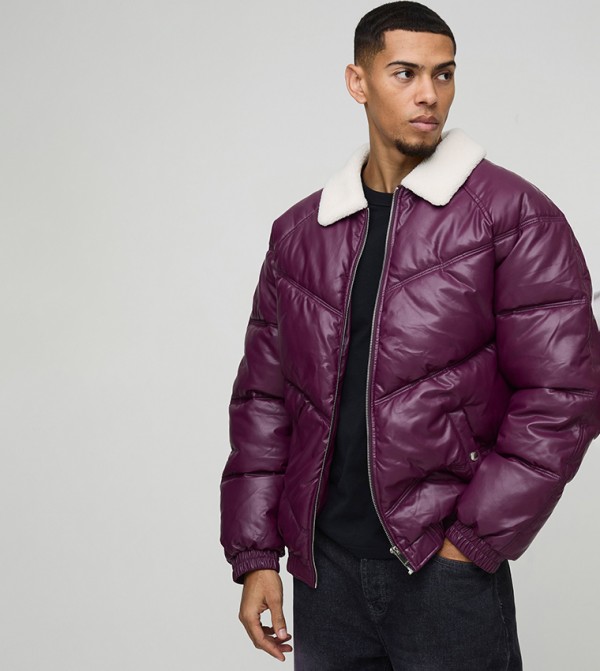 Borg Collar PU Oversized Puffer Jacket