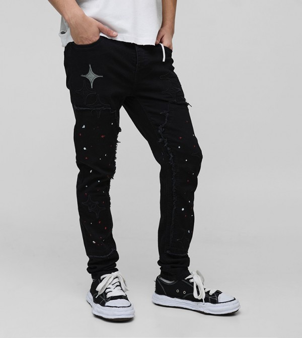 Paint Splatter Carpenter Star Appliqued Skinny Fit Jeans