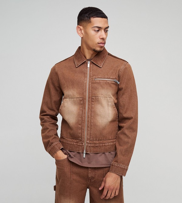 Regular Fit Corduroy Acid Wash Cropped Denim Jacket