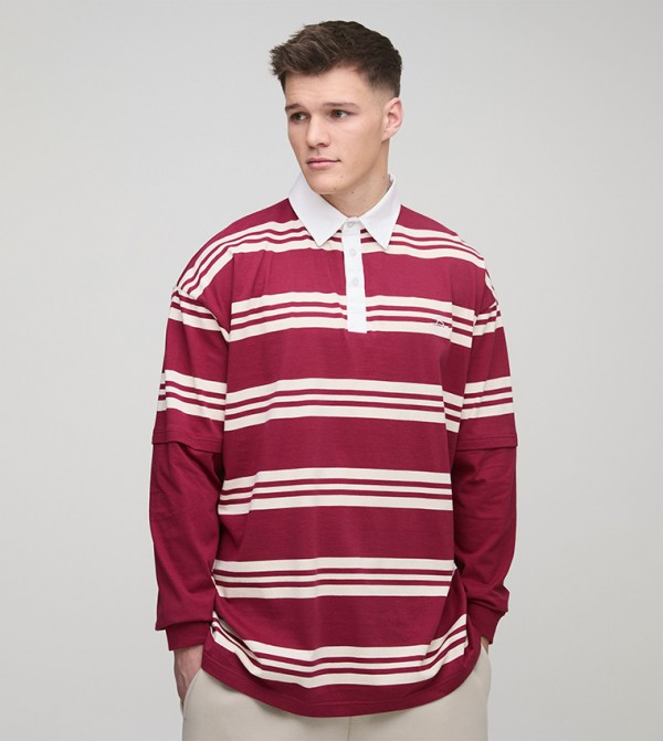 Plus & Tall Embroidered Faux Layer Striped Oversized Polo T-Shirt