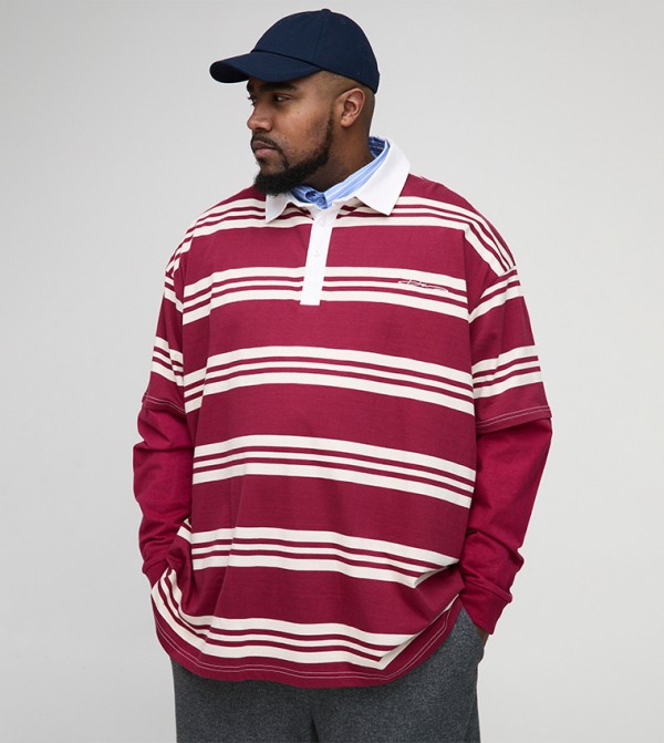 Plus & Tall Embroidered Faux Layer Striped Oversized Polo T-Shirt