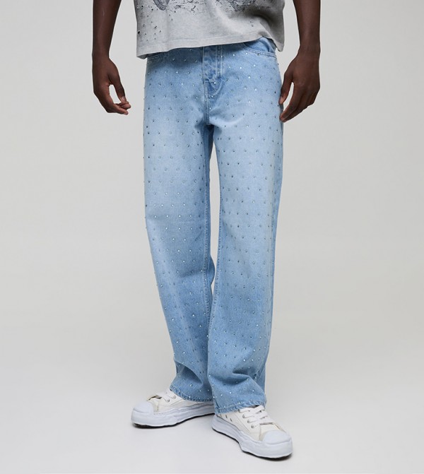 All Over Rhinestone Embellished Relaxed Fit Jeans