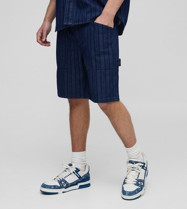 Elastic Relaxed Fit Striped Denim Shorts