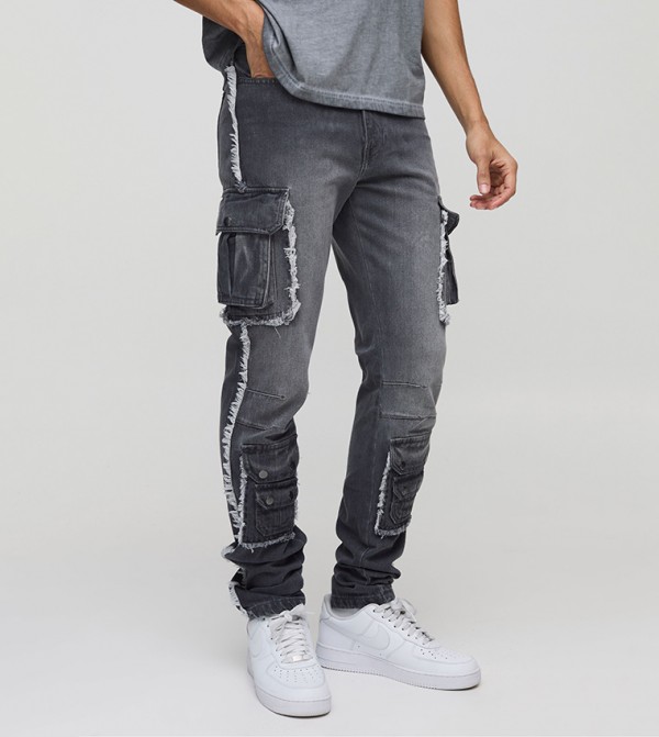 Stacked Washed Cargo Popper Slim Fit Jeans