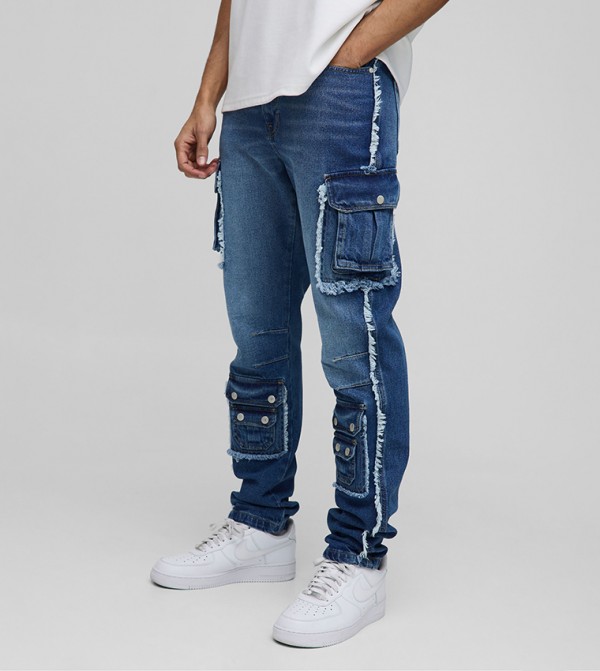 Stacked Washed Cargo Popper Slim Fit Jeans