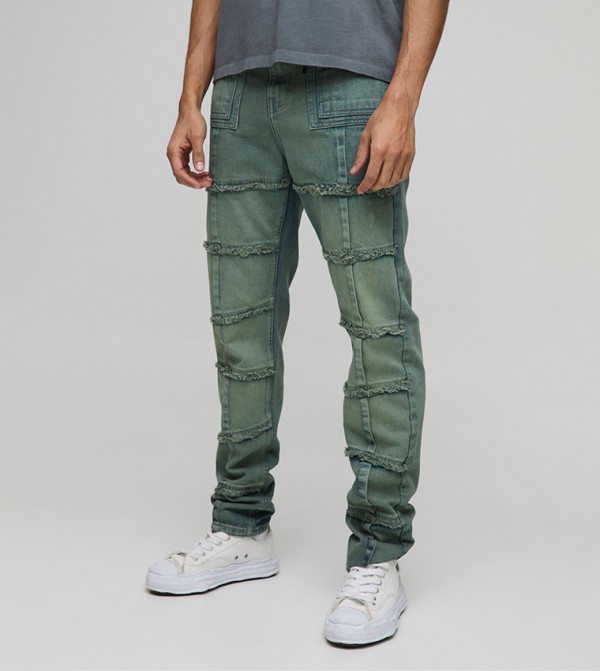 Rigid Stacked Distressed Seam Detail Slim Fit Jeans