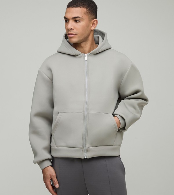 Boxy Zip Through Bonded Scuba Hooded Oversized Jacket