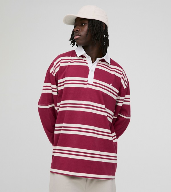 Faux Layer Striped Oversized Polo T-Shirt