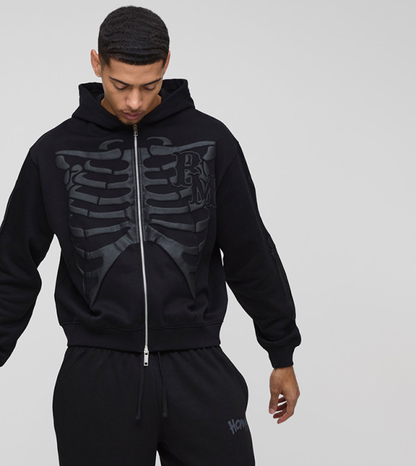 Skeleton Puff Print Zippered Oversized Hooded Jacket