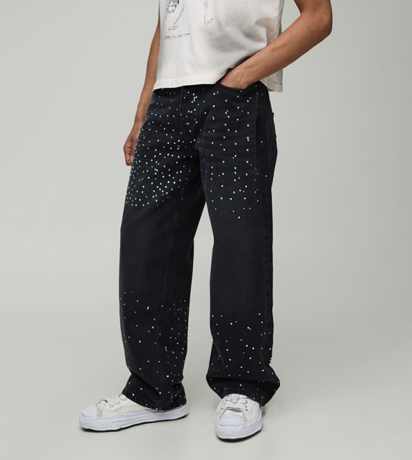 All Over Rhinestone Star Pocket Relaxed Fit Jeans