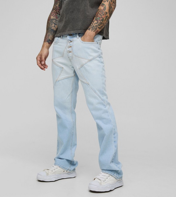 Star Seam Detail Button Front Flared Jeans