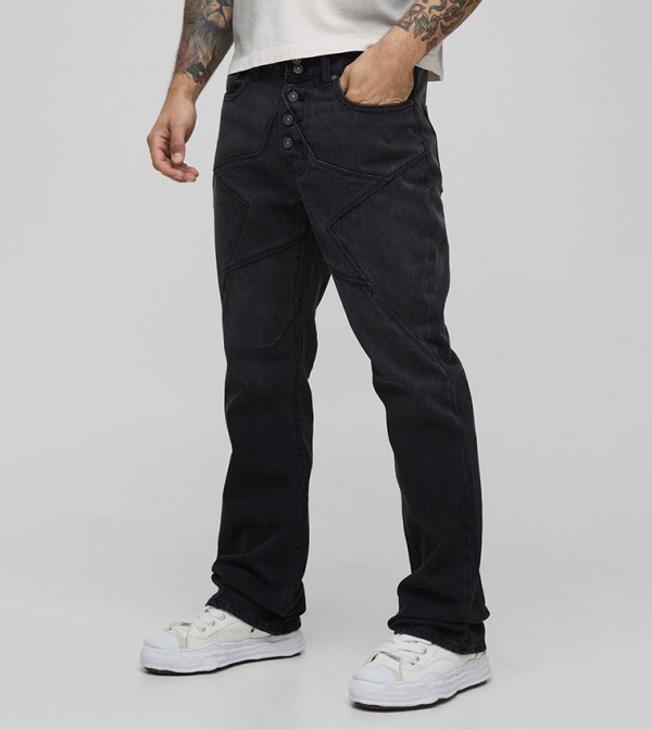 Star Seam Detail Button Front Flared Jeans