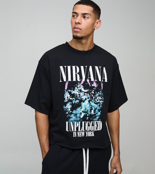 Raw Hem Nirvana Print Oversized T-Shirt