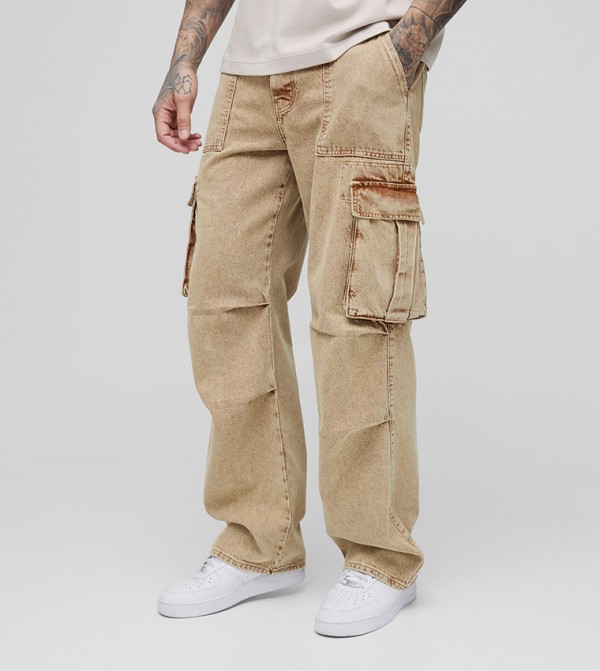 Tall Acid Wash Pleat Knee Cargo Jeans