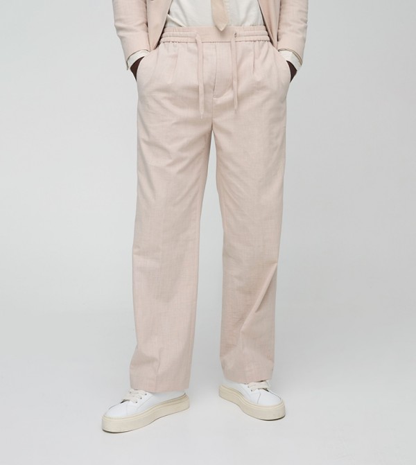 Mid Rise Linen Blend Wide Leg Trousers
